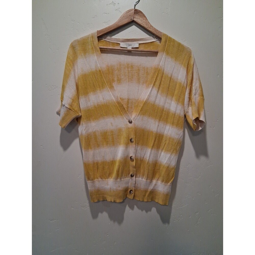 Ann Taylor LOFT Women's Size M Cardigan White Yellow Stripe Button Short Sleeve